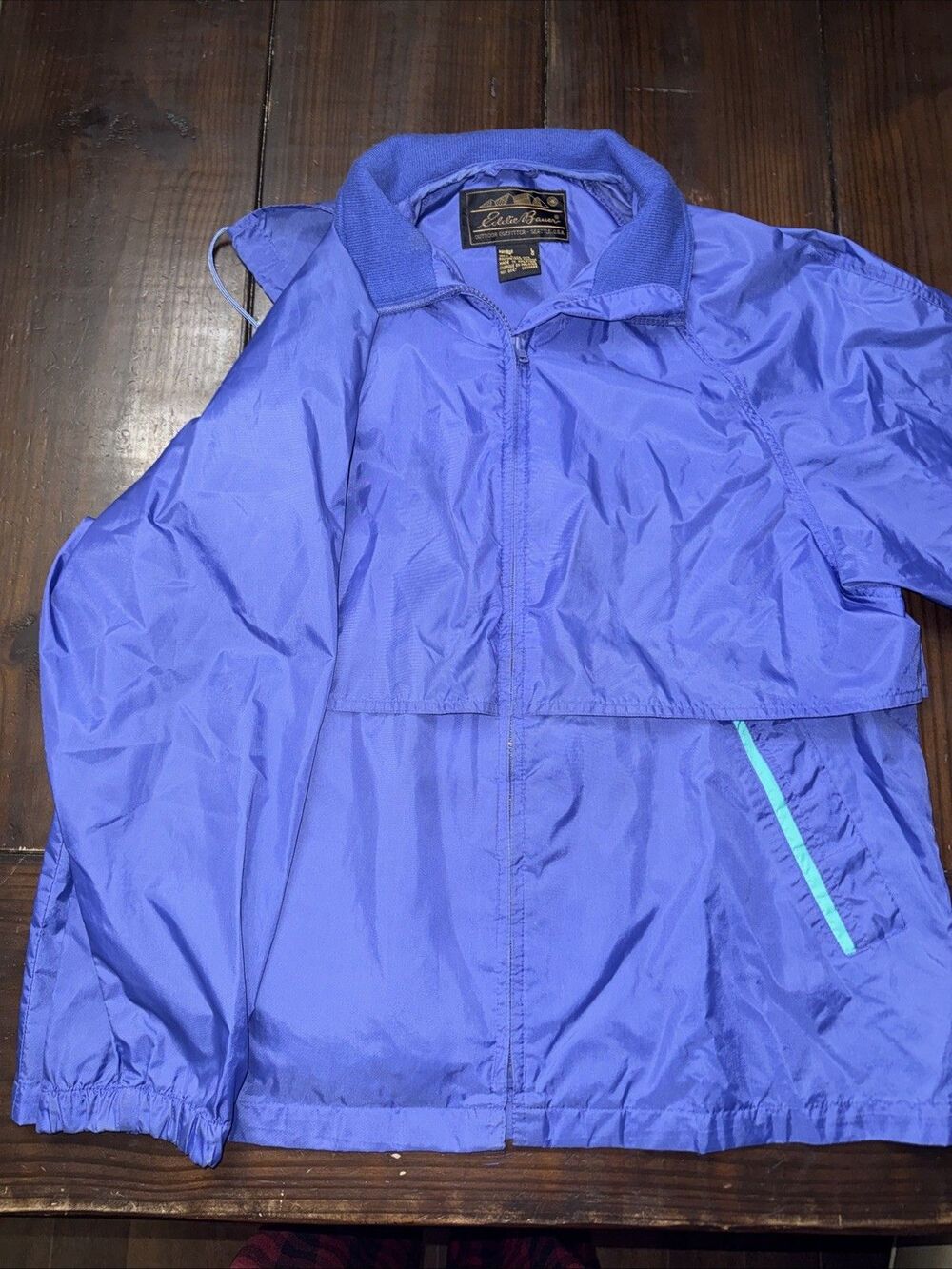 Vintage 90s Eddie Bauer Women's L Blue Windbreaker With Hood And Pockets